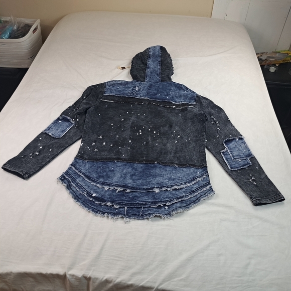 Imperious Men's Distressed Denim Hoodie Pullover Black / Blue Size XL - Picture 13 of 13